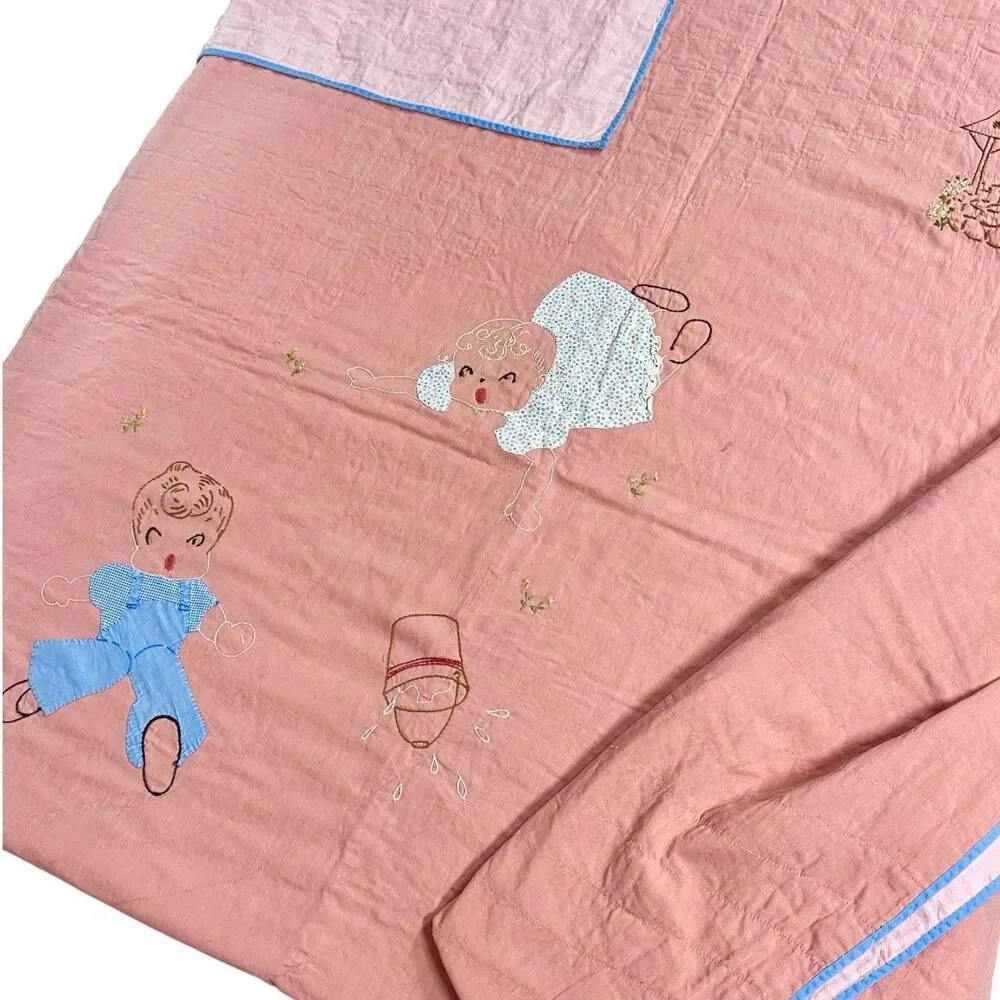 Antique 1930s Hand Embroidered Hand Made Quilt Blanket Nursery Jack Jill Rhyme